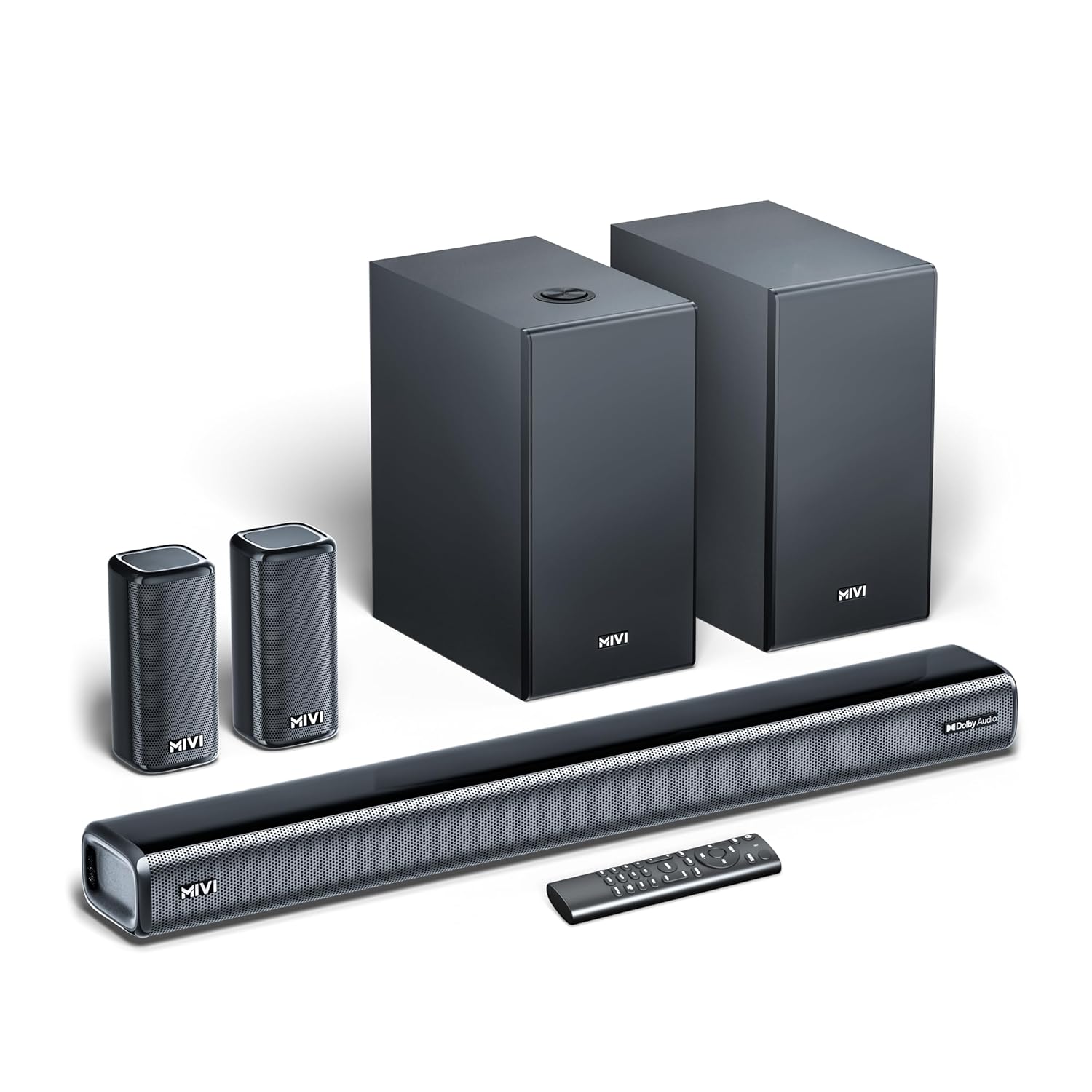 Mivi Nex 900 Dolby Audio Soundbar (New Launch)| 900W Signature Sound | 5.2 Channel Home Theatre System with Dual Subwoofers and Satellites | Nex Surround Sphere Tech | Bluetooth v5.3